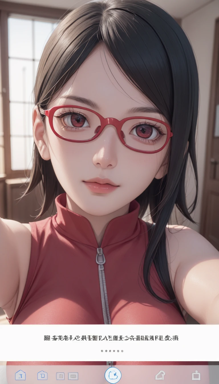 1girl, sarada uchiha in anime boruto, short hair, black hair, red eyes, smile, beautiful, sexy dress, sexy clothes, red clothes, wear red glasses, very big breast, realistic clothes, detail clothes, outdoor background, ultra detail, realistic