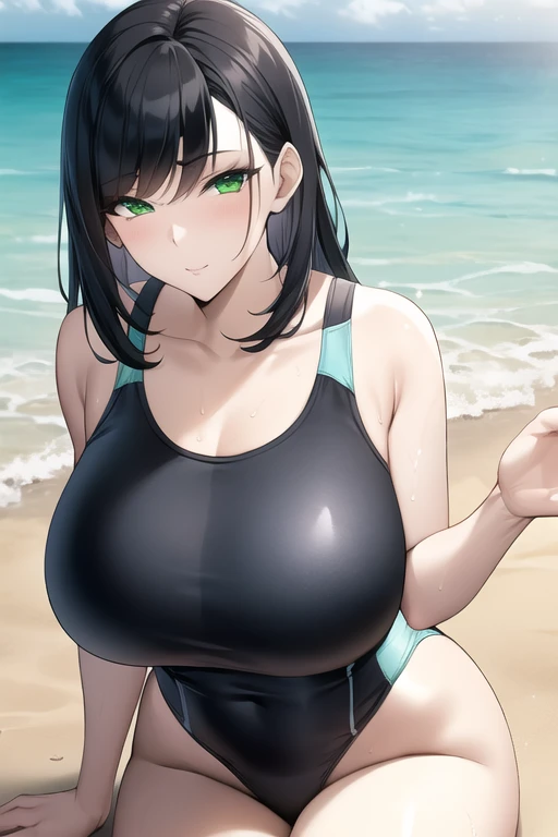 1girl, one-piece swimsuit, black one-piece swimsuit, brown hair, ponytail, highleg, cleavage, eyewear on head, yellow eyes, bare legs, thick thighs, huge breasts, smile, pool, competition swimsuit, sleeves, long sleeves, ((bare legs)), ((sleeves)), ((fingerless gloves)), ((long sleeves))