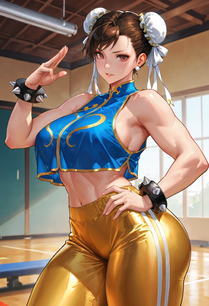 (masterpiece, high resolution, 4K,8K, best quality, ultra detailed ), perfect anatomy, (a woman, (Chun-Li:1.2), athletes, very short hair ) ,(((royal blue top)), nice track jacket on the top:1.1 that track jacket is opened ), ((wearing black workout leggings:1.3) ,(((black side string of panties is shown at her waist from black leggings))), sweating, the background are buildings dazzling neon light, (sexy body) , (sexy ,beautiful, detailed face, detailed eyes, natural makeup, attractive face ), athlete body, front view, standing attractive pose, looking at camera , good applying makeup, medium breasts, cleavage, midriff peek and abs, glistening skin, detailed background 