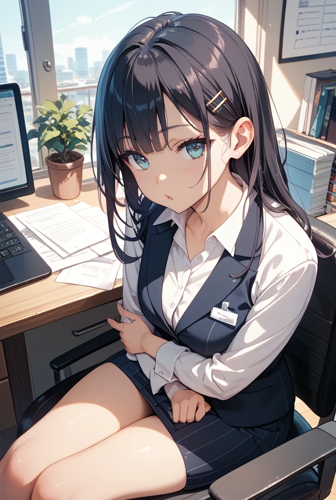 (official art、highest quality、Unity 8k wallpaper、32K、masterpiece、super detailed、超high resolution、realistic、Photoreal:1.2)、(cinematic lighting:1.2)、fire glow effect、film grain、best shadows、rim lighting、side light、(Super detailed and complex 3D rendering)、Background like Makoto Shinkai、detailed beautiful face and eyes、(Beautiful and sharp pupils)、masterpiece, high resolution、highest quality, ultla highres, maximum resolution, very detailed, professional lighting, beautiful skin, 28 year old woman、very pretty、OL、neck strap、hang your employee ID card around your neck、Name Cards、cardigan、At work in the office、desk、((Tight Skirt、sit in a chair、deskの下で、Spread your legs a little and show off your panties:1.6))、pc、bright hair color、neat bangs、bangs、dull bangs、suit、Jacket、setup、Office Lady、(close your eyes a little、squint your eyes、grin、Lower your eyebrows、Provocative attitude)、deskの下からのアングル、(((super low angle)))、(((Precise human body structure、Correct and accurate number of limbs、Correct and accurate number of fingers)))