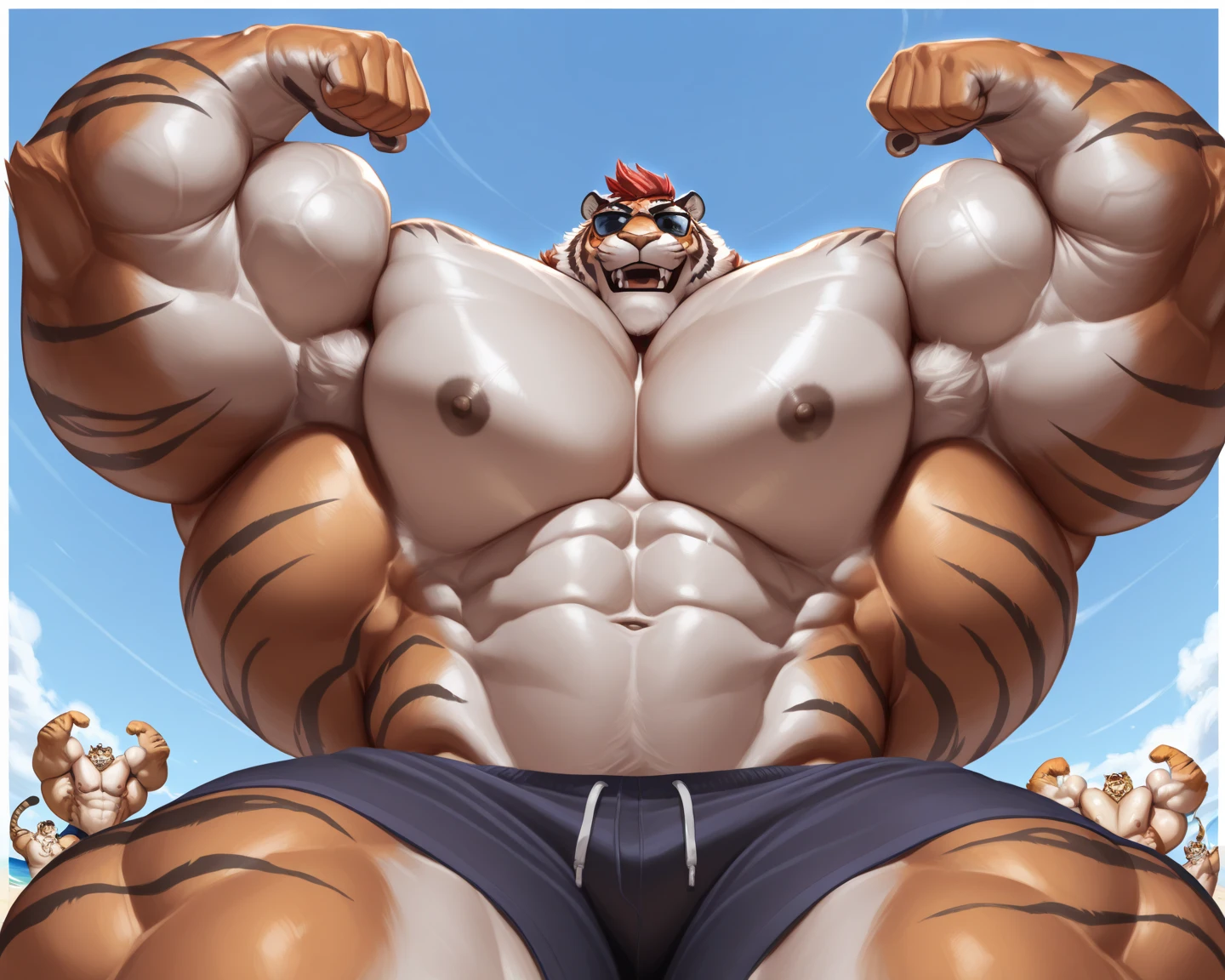 masterpiece, best quality, 8k resolution, Very detailed, hairy,tiger,strong,Strong,Muscle lines,Super Muscle,Round Face,Red hair,Shirtless,Blushing,,Kneeling,Sweat,Sticking out the tongue,Shameful,The is facing the audience,Raised crotch,Highest quality scene,Solitary,solitary