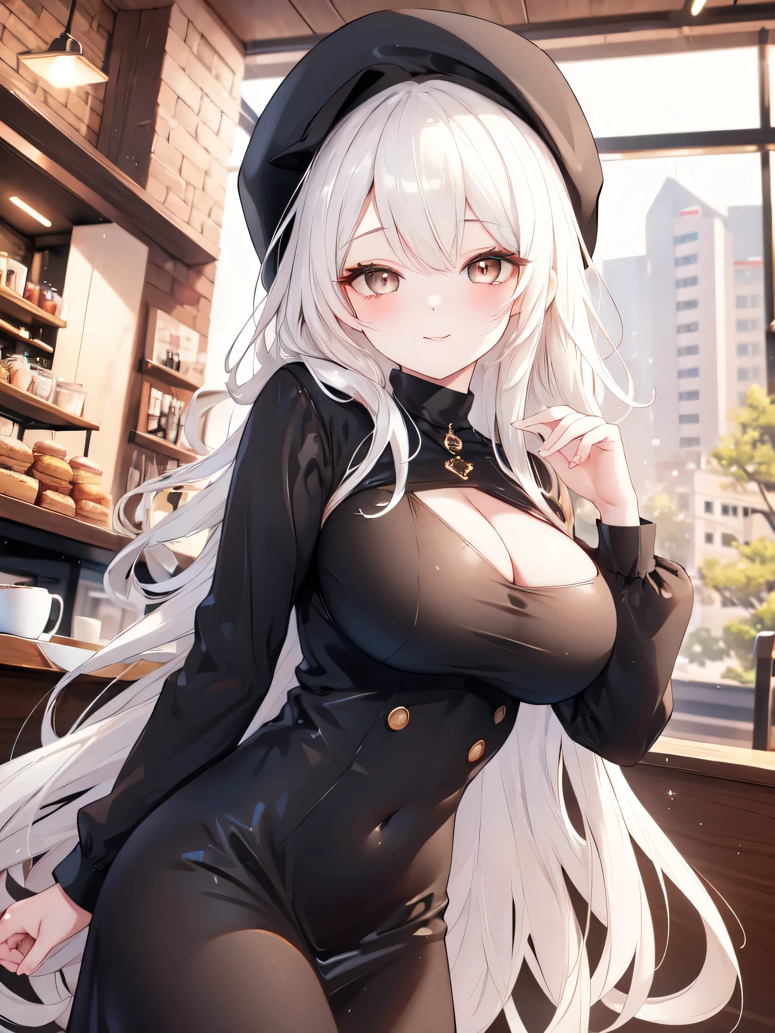 1girl, expensive bodycon dress, big boobs, necklace, earrings, grey straight hair, medium hair, red eyes, in an aesthetic cafe , sexy pose, smirking, looking at me