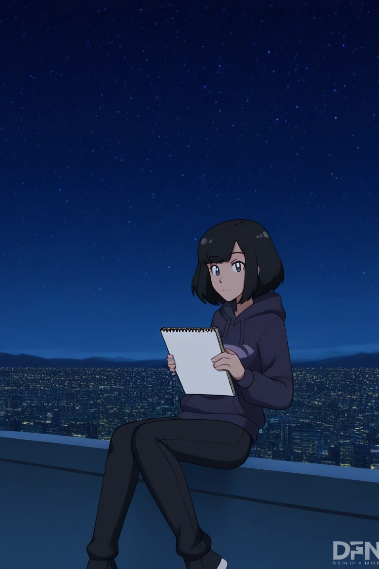 teen boy, hoodie , the roof, during night, city light, stars in sky, holding a sketchbook, casual pose, anime style, digitial painting, soft edge light, cold atmosphere, Urban details, 4K, Ultra Fine, masterpiece