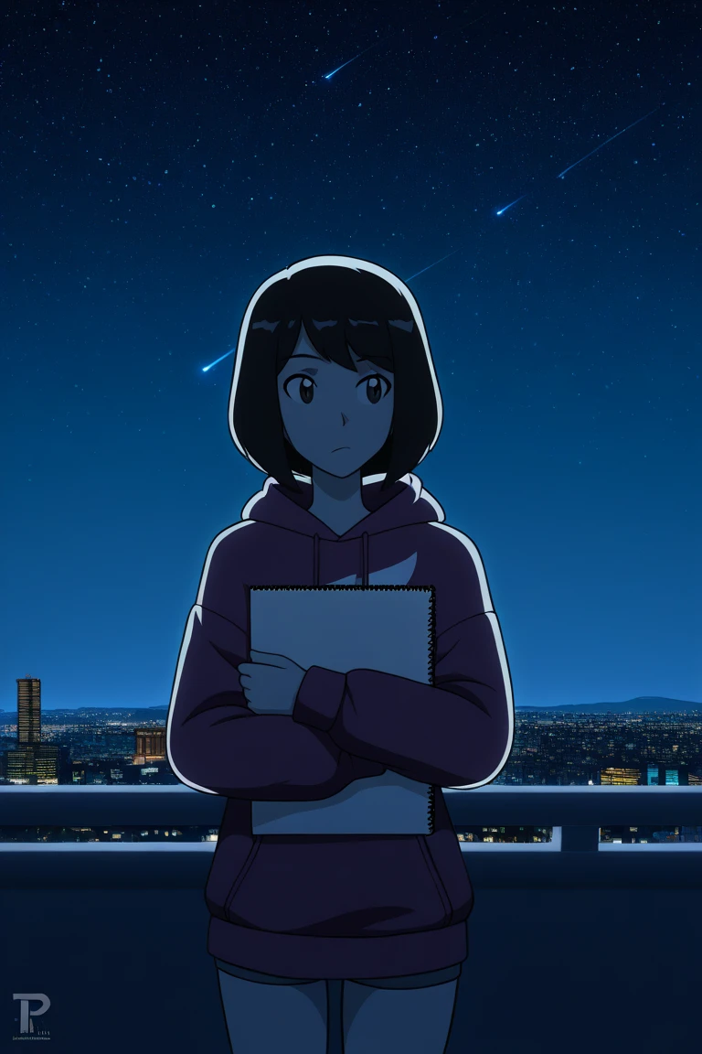teen boy, hoodie , the roof, during night, city light, stars in sky, holding a sketchbook, casual pose, anime style, digitial painting, soft edge light, cold atmosphere, Urban details, 4K, Ultra Fine, masterpiece
