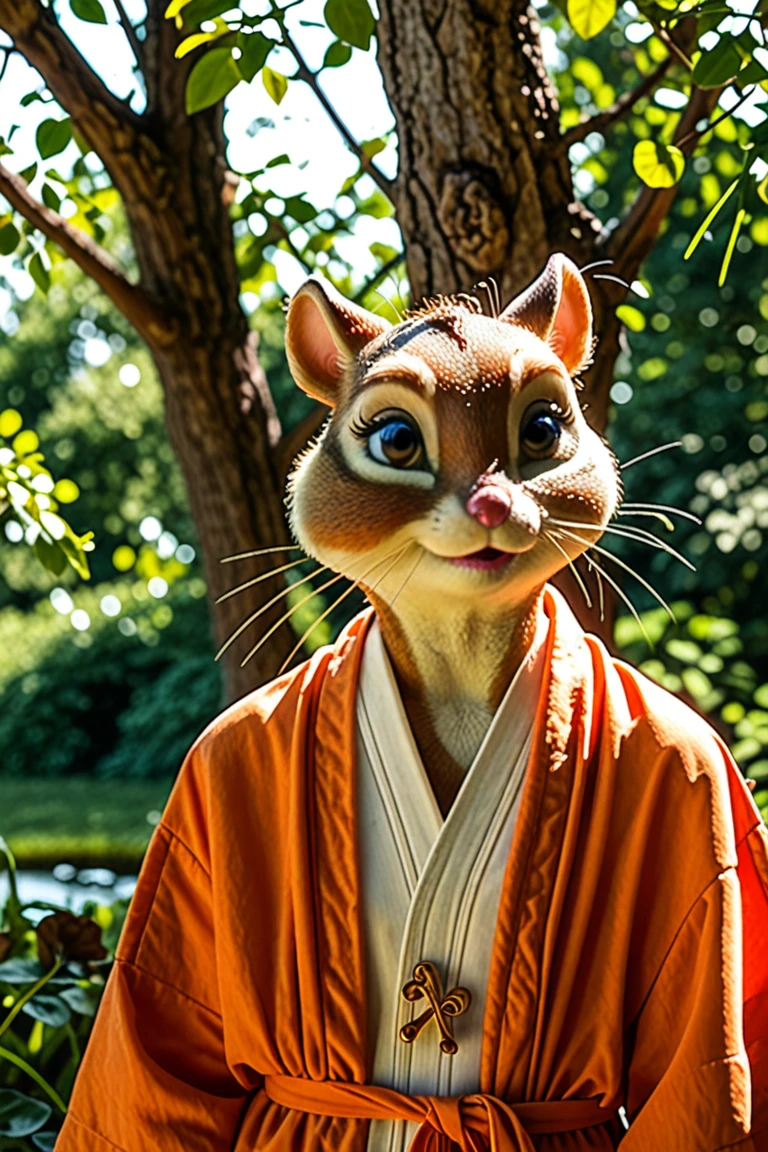 A serene portrait of a chipmunk (A serene portrait of a chipmunk in an orange robe:1.2), reflects the serenity and wisdom of nature, is reminiscent of photographer Konsta Punkka's serene composition. Serene gaze, Interlaced claws, robe, Peaceful demer, calm expression, Peaceful woodland environment, Mottled sunlight, Natural texture, Gentle demeanor, a contemplative atmosphere, Spiritual presence, Harmonious balance, Minimalist composition, Quiet introspection, Connection with nature, Timeless simplicity.