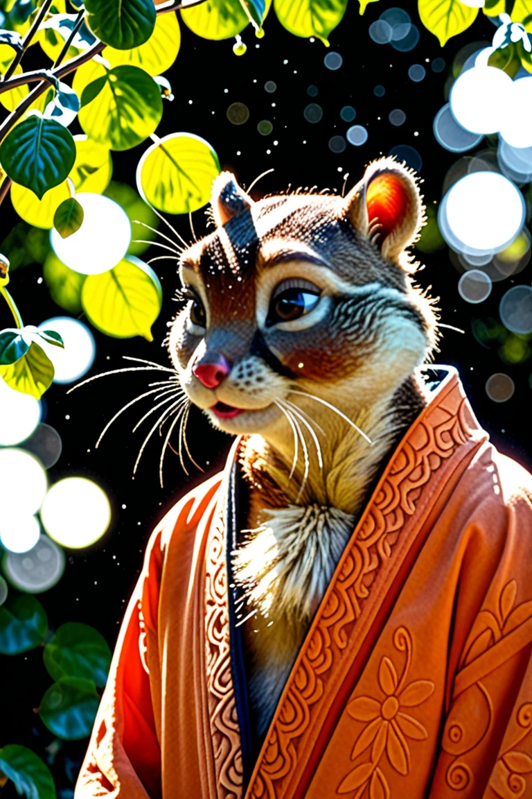 A serene portrait of a chipmunk (A serene portrait of a chipmunk in an orange robe:1.2), reflects the serenity and wisdom of nature, is reminiscent of photographer Konsta Punkka's serene composition. Serene gaze, Interlaced claws, robe, Peaceful demeanor, calm expression, Peaceful woodland environment, Mottled sunlight, Natural texture, Gentle demeanor, a contemplative atmosphere, Spiritual presence, Harmonious balance, Minimalist composition, Quiet introspection, Connection with nature, Timeless simplicity.