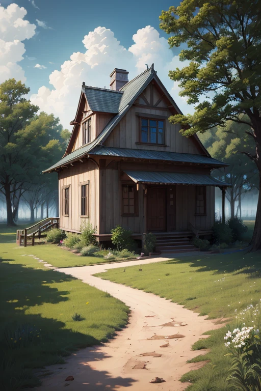 high quality, Realistic, Gorgeous and exquisite, Miyazaki style, with blue sky and white clouds, Lush Petals Prairie Landscape Oil Painting, Real skies, realistic, Clear details, Vivid colors, Super Realistic, Ultra High Resolution, Professional level, SuperiorQuality, Vast steppe, Lush trees, Mild sunlight, Soft light and shadow, exuberant, serenity and calm, Dreamy and fascinating, supernatural charm, Absolutely beautiful, Delicate and perfect, Stunning details, high quality照片, HDR effect, Ultra HD 4K, Professional level摄影