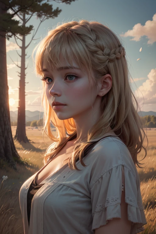 high quality, Realistic, Gorgeous and exquisite, Miyazaki style, with blue sky and white clouds, Lush Petals Prairie Landscape Oil Painting, Real skies, realistic, Clear details, Vivid colors, Super Realistic, Ultra High Resolution, Professional level, SuperiorQuality, Vast steppe, Lush trees, Mild sunlight, Soft light and shadow, exuberant, serenity and calm, Dreamy and fascinating, supernatural charm, Absolutely beautiful, Delicate and perfect, Stunning details, high quality照片, HDR effect, Ultra HD 4K, Professional level摄影