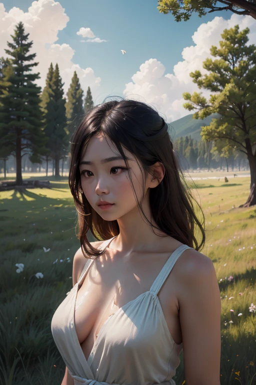 high quality, Realistic, Gorgeous and exquisite, Miyazaki style, with blue sky and white clouds, Lush Petals Prairie Landscape Oil Painting, Real skies, realistic, Clear details, Vivid colors, Super Realistic, Ultra High Resolution, Professional level, SuperiorQuality, Vast steppe, Lush trees, Mild sunlight, Soft light and shadow, exuberant, serenity and calm, Dreamy and fascinating, supernatural charm, Absolutely beautiful, Delicate and perfect, Stunning details, high quality照片, HDR effect, Ultra HD 4K, Professional level摄影