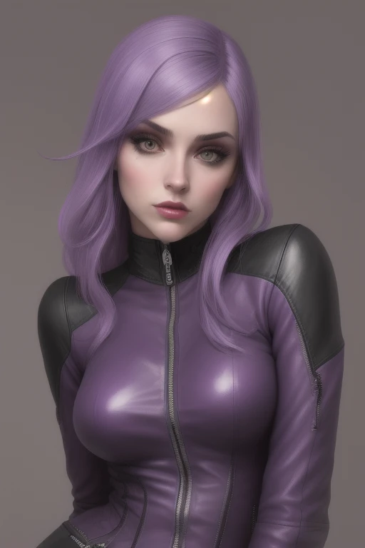 A fully-shaped, purple-skinned succubus,Wear a tight leather jacket,Facial fascination,Lip details,eye detailed,high quality