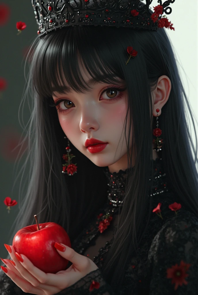 ((RAW photos),Absurd ,(Absurd 分辨率)),masterpiece,Best quality,(extremely detailed 8k unity CG wallpaper),(Most Best Illustration),(BEST SHADOW),Realistic lighting,Beautiful and detailed brilliance ,((21yo)),girl,longblackhair,Black Queen,accessories,Hold an apple,Poison apples,Witch Queen,red lipsticks,(((Her photography perspective)))