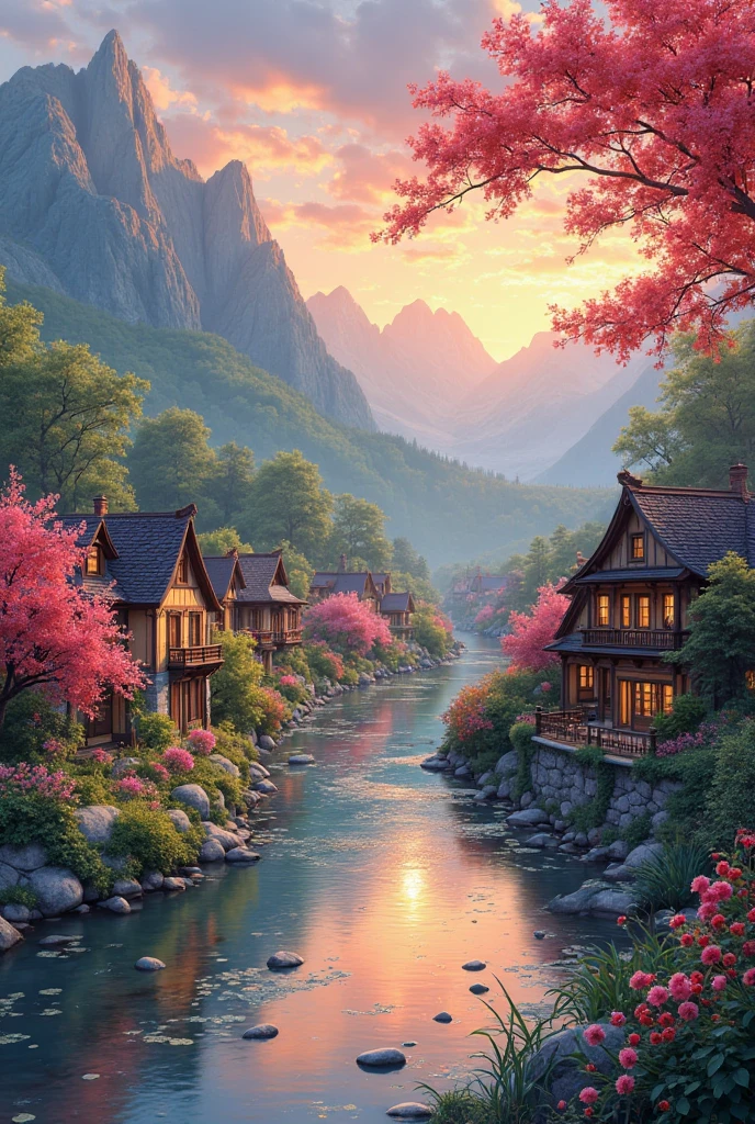 , a small riverside village,The background is mountains,Flowers bloom,Vivid colors,Detailed scenery,Beautiful natural landscape,Ambiance Lighting,Scorching sunset,a warm color palette,utility,utility摄影,Delicate leaves,Complex architecture , cobblestone streets , charming country cottages , swirling bright colors, dense vegetation ,Still water reflections,picturesque,Leisure and tranquility,artwork of a,Best quality,8k,Extremely detailed,anime style