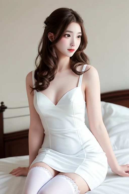 a beatiful young woman wearing a white  dress with  white stocking，sitting on the bed 