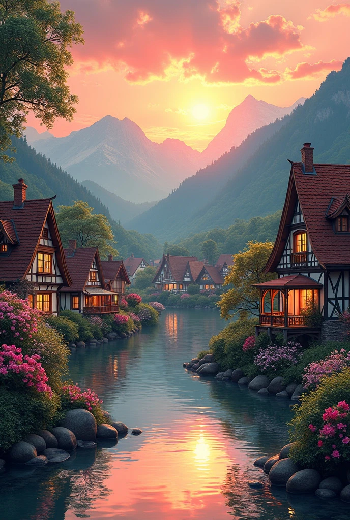, a small riverside village,The background is mountains,Flowers bloom,Vivid colors,Detailed scenery,Beautiful natural landscape,Ambiance Lighting,Scorching sunset,a warm color palette,utility,utility摄影,Delicate leaves,Complex architecture , cobblestone streets , charming country cottages , swirling bright colors, dense vegetation ,Still water reflections,picturesque,Leisure and tranquility,artwork of a,Best quality,8k,Extremely detailed,anime style