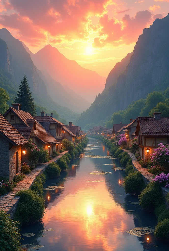, a small riverside village,The background is mountains,Flowers bloom,Vivid colors,Detailed scenery,Beautiful natural landscape,Ambiance Lighting,Scorching sunset,a warm color palette,utility,utility摄影,Delicate leaves,Complex architecture , cobblestone streets , charming country cottages , swirling bright colors, dense vegetation ,Still water reflections,picturesque,Leisure and tranquility,artwork of a,Best quality,8k,Extremely detailed,anime style