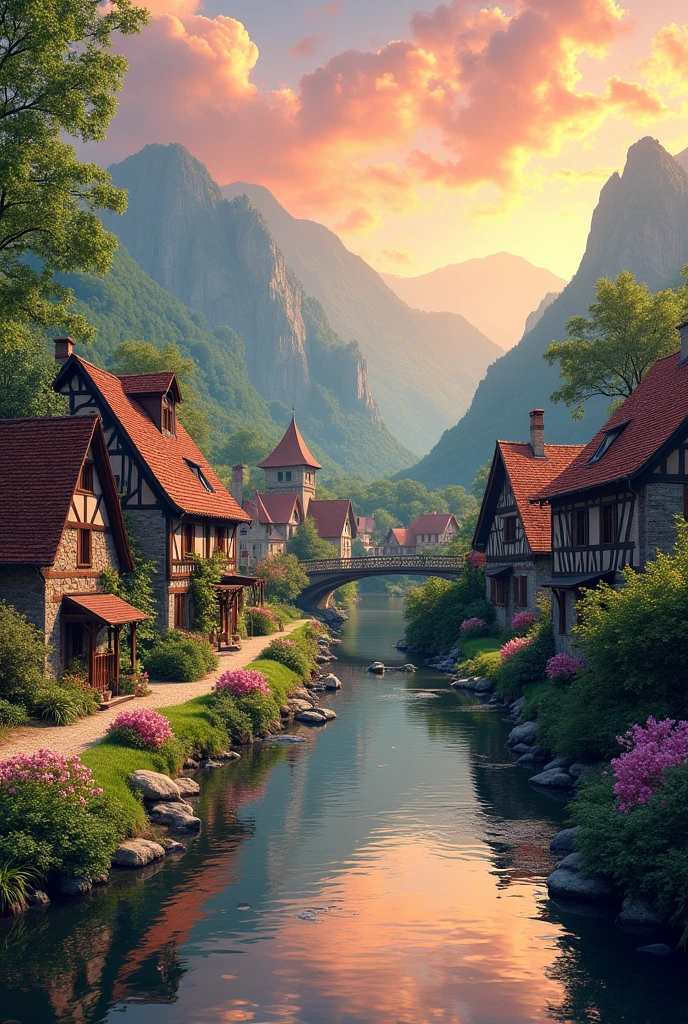 , a small riverside village,The background is mountains,Flowers bloom,Vivid colors,Detailed scenery,Beautiful natural landscape,Ambiance Lighting,Scorching sunset,a warm color palette,utility,utility摄影,Delicate leaves,Complex architecture , cobblestone streets , charming country cottages , swirling bright colors, dense vegetation ,Still water reflections,picturesque,Leisure and tranquility,artwork of a,Best quality,8k,Extremely detailed,anime style