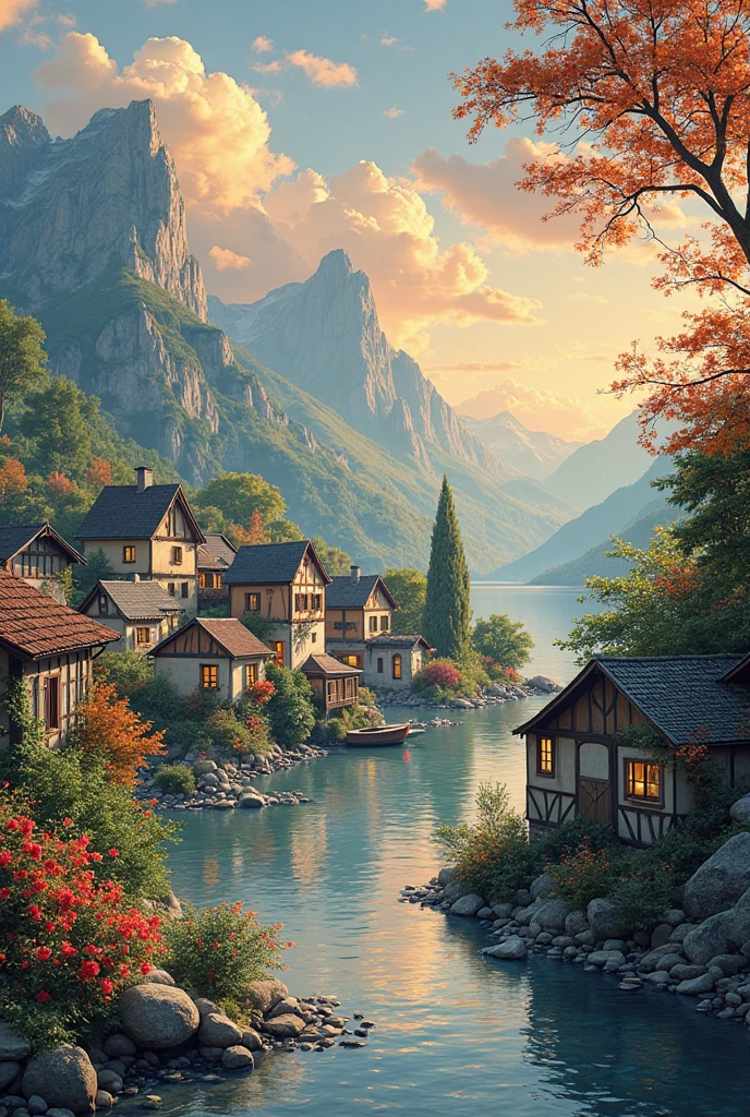 , a small riverside village,The background is mountains,Flowers bloom,Vivid colors,Detailed scenery,Beautiful natural landscape,Ambiance Lighting,Scorching sunset,a warm color palette,utility,utility摄影,Delicate leaves,Complex architecture , cobblestone streets , charming country cottages , swirling bright colors, dense vegetation ,Still water reflections,picturesque,Leisure and tranquility,artwork of a,Best quality,8k,Extremely detailed,anime style