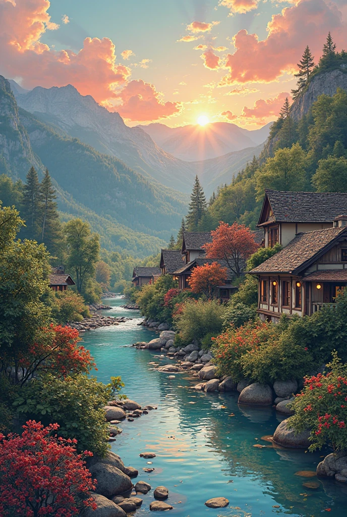, a small riverside village,The background is mountains,Flowers bloom,Vivid colors,Detailed scenery,Beautiful natural landscape,Ambiance Lighting,Scorching sunset,a warm color palette,utility,utility摄影,Delicate leaves,Complex architecture , cobblestone streets , charming country cottages , swirling bright colors, dense vegetation ,Still water reflections,picturesque,Leisure and tranquility,artwork of a,Best quality,8k,Extremely detailed,anime style