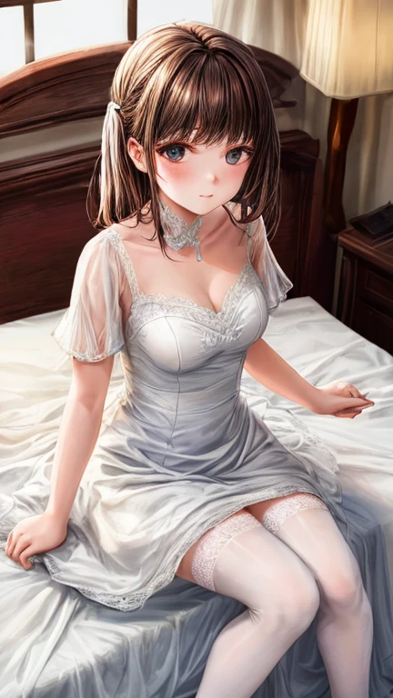 a beatiful young woman wearing a white dress with white stocking,sitting on the bed