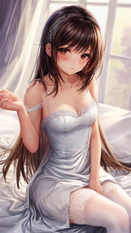 a beatiful young woman wearing a white dress with white stocking,sitting on the bed