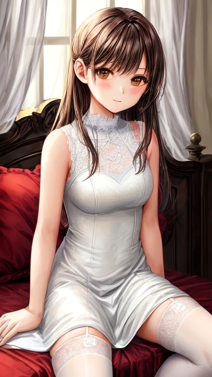 a beatiful young woman wearing a white dress with white stocking,sitting on the bed