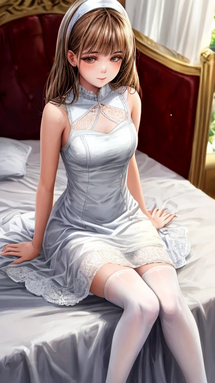 a beatiful young woman wearing a white dress with white stocking,sitting on the bed
