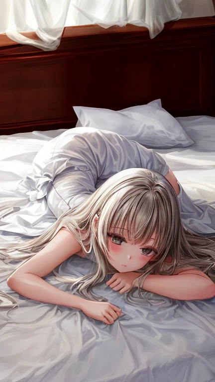 a beatiful young woman wearing a white dress with white stocking,lie down on the bed