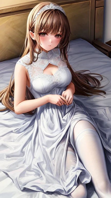 a beatiful young woman wearing a white dress with white stocking,lie down on the bed
