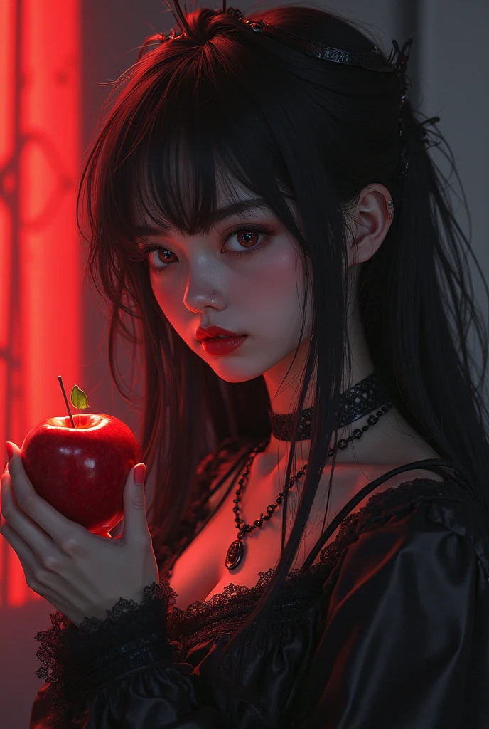 ((RAW photos),Absurd ,(Absurd 分辨率)),masterpiece,Best quality,(extremely detailed 8k unity CG wallpaper),(Most Best Illustration),(BEST SHADOW),Realistic lighting,Beautiful and detailed brilliance ,((21yo)),girl,longblackhair,Black Queen,accessories,Hold an apple,Poison apples,Witch Queen,red lipsticks,(((Her photography perspective)))