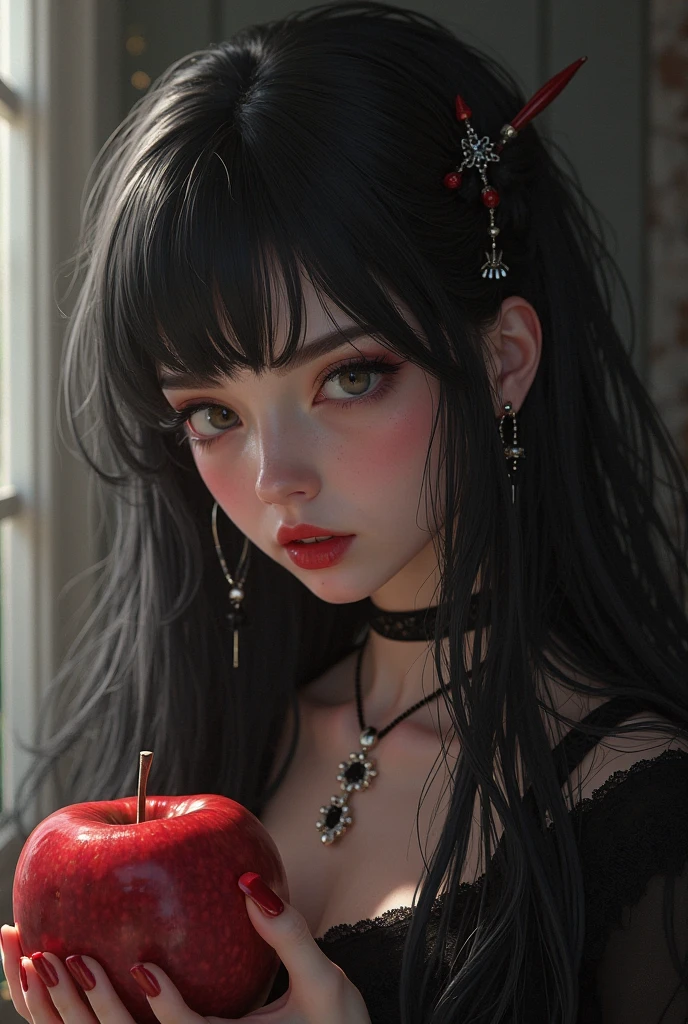 ((RAW photos)，Absurd ，(Absurd 分辨率))，masterpiece，Best quality，(extremely detailed 8k unity CG wallpaper)，(Most Best Illustration)，(BEST SHADOW)，Realistic lighting，Beautiful and detailed brilliance ，((21yo))，girl，longblackhair，Black Queen，accessories，Hold an apple，Poison apples，Witch Queen，red lipsticks，(((Her photography perspective)))