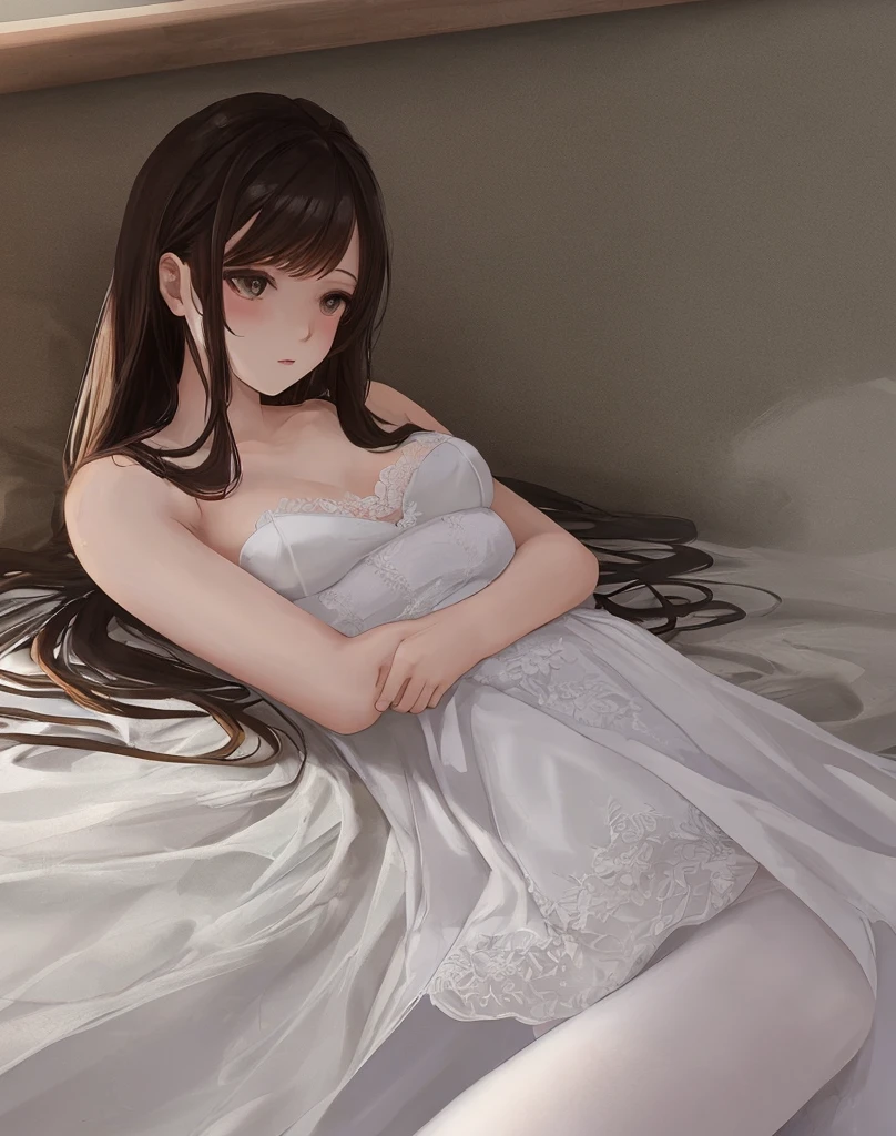 a beatiful young woman wearing a white dress with white stocking,lie down on the bed
