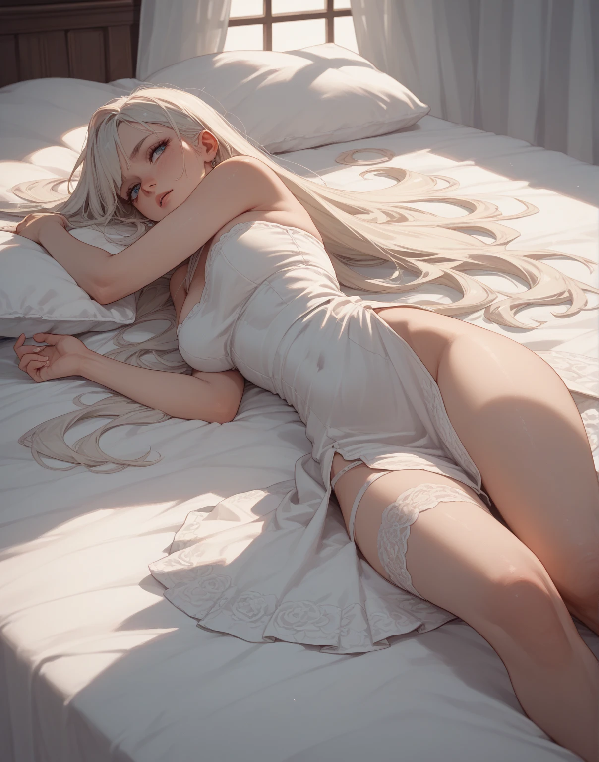 a beatiful young woman wearing a white dress with white stocking,lie down on the bed
