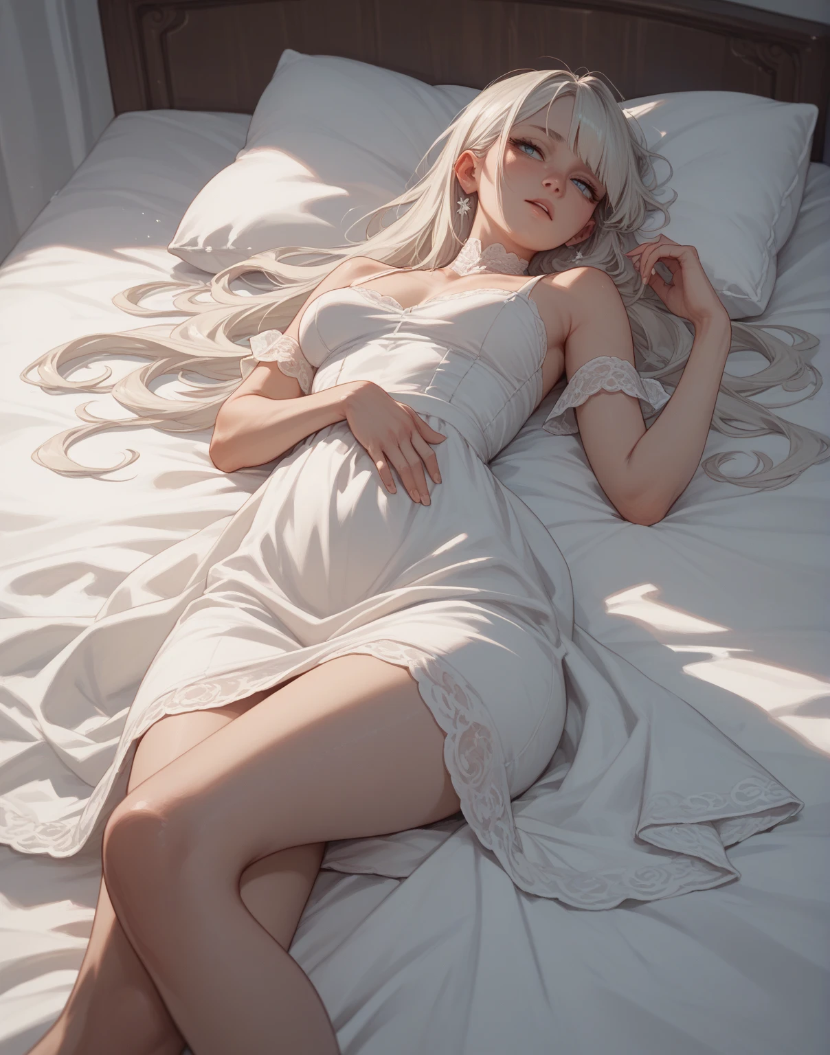 a beatiful young woman wearing a white dress with white stocking,lie down on the bed
