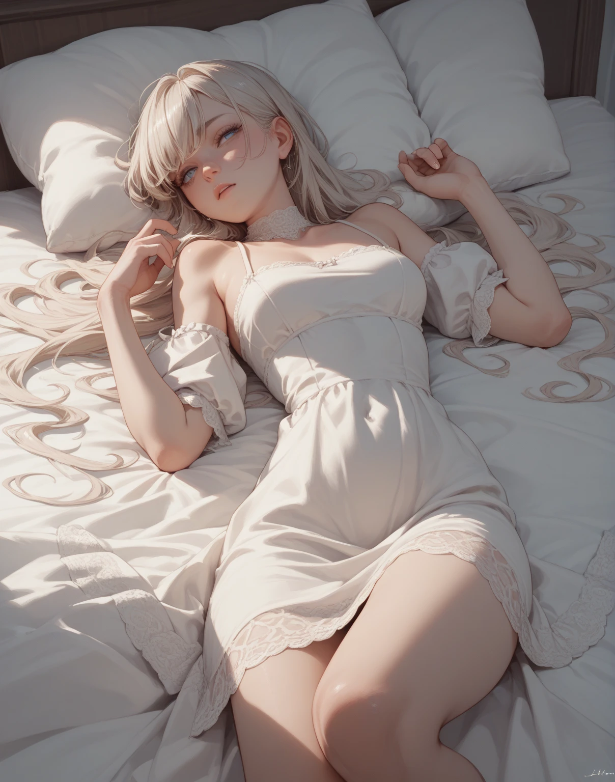 a beatiful young woman wearing a white dress with white stocking,lie down on the bed