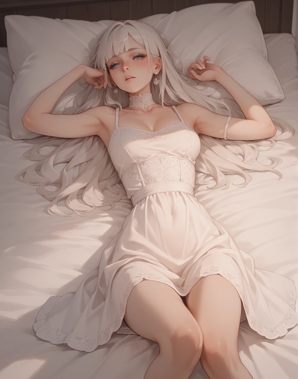 a beatiful young woman wearing a white dress with white stocking,lie down on the bed
