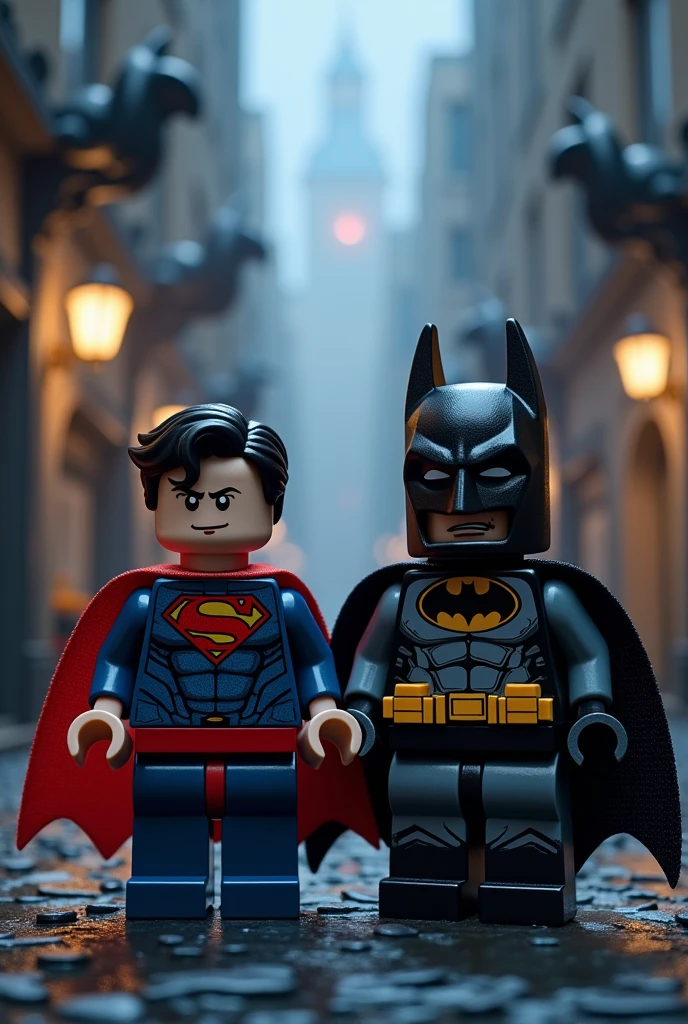 high quality LEGO art version of Superman,Batman,ht city scene,Realistic details,4K,HDR,Professional level,richcolors,Delicate light and shadow,Gloomy atmosphere,Surreal texture