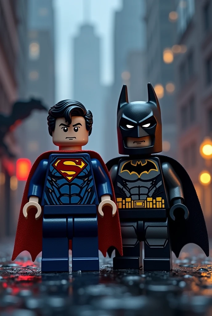 high quality LEGO art version of Superman,Batman,ht city scene,Realistic details,4K,HDR,Professional level,richcolors,Delicate light and shadow,Gloomy atmosphere,Surreal texture