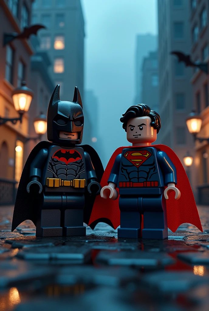 high quality LEGO art version of Superman,Batman,ht city scene,Realistic details,4K,HDR,Professional level,richcolors,Delicate light and shadow,Gloomy atmosphere,Surreal texture