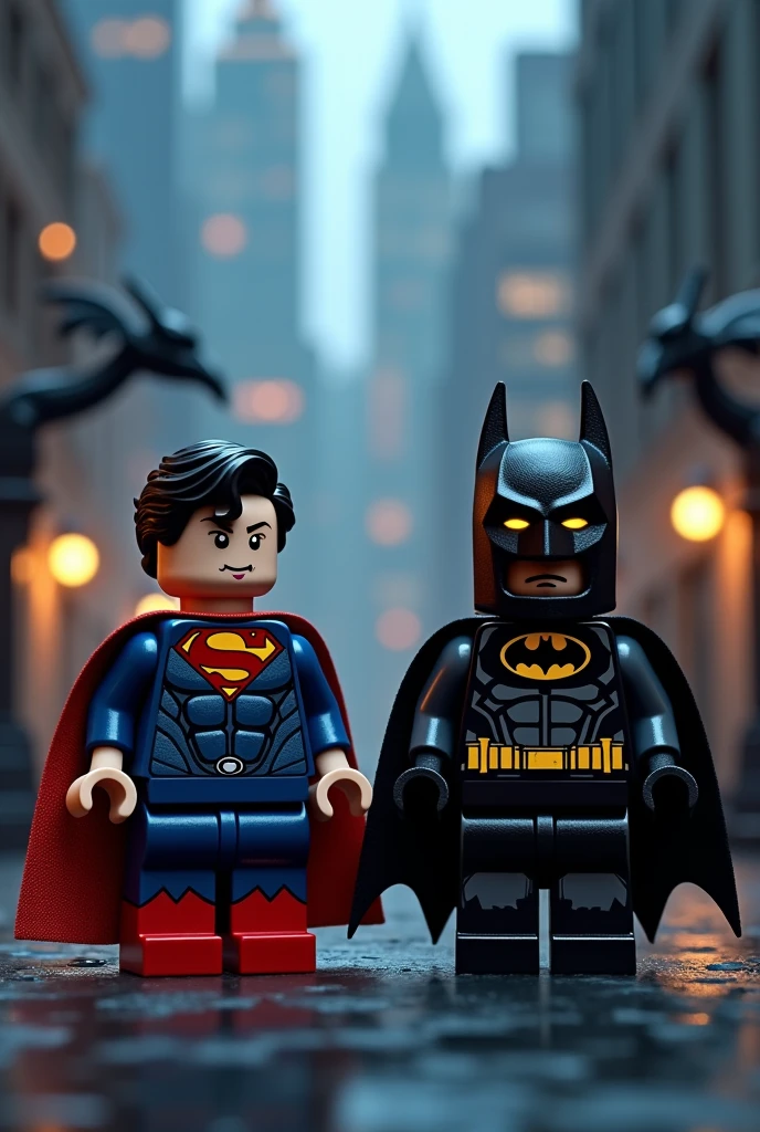 high quality LEGO art version of Superman,Batman,ht city scene,Realistic details,4K,HDR,Professional level,richcolors,Delicate light and shadow,Gloomy atmosphere,Surreal texture