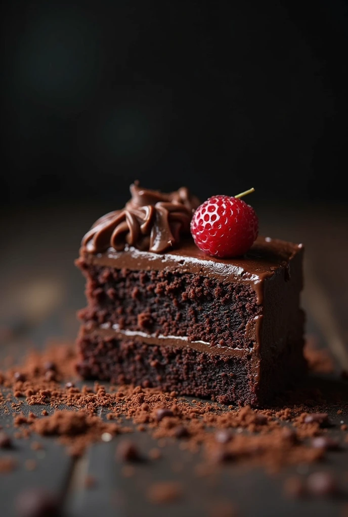 cinematic still-frame chocolate, chocolate cake ,deep dark background,High quality photos,Wet texture,Icing ,studio photo,slice,shallowdepthoffield,Vignette,Very meticulous,High budget,Bokeh, widescreen,gloomily,epic,opulent,cinematic grain,grain sense