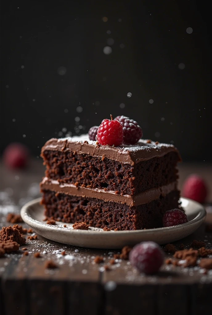 cinematic still-frame chocolate, chocolate cake ,deep dark background,High quality photos,Wet texture,Icing ,studio photo,slice,shallowdepthoffield,Vignette,Very meticulous,High budget,Bokeh, widescreen,gloomily,epic,opulent,cinematic grain,grain sense