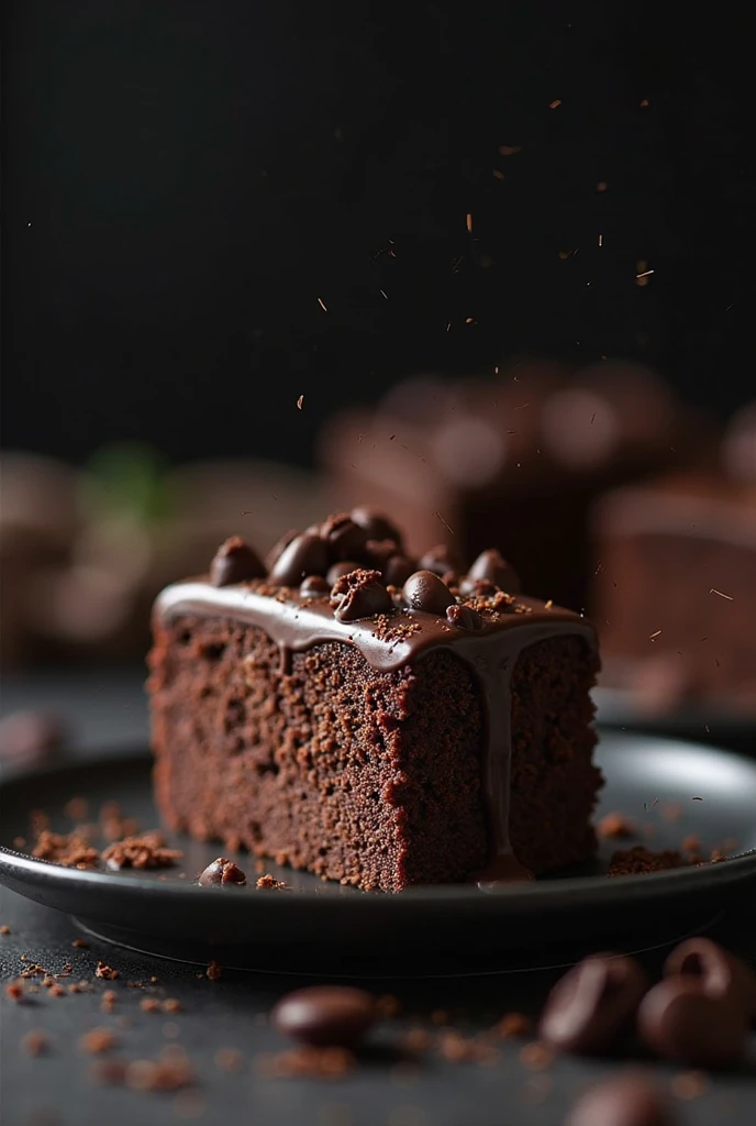 cinematic still-frame chocolate, chocolate cake ,deep dark background,High quality photos,Wet texture,Icing ,studio photo,slice,shallowdepthoffield,Vignette,Very meticulous,High budget,Bokeh, widescreen,gloomily,epic,opulent,cinematic grain,grain sense