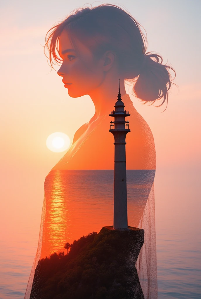 high quality,8k ultra high definition,美丽的Doubleexposure,Combining the silhouette of the goddess with the sunset coast, sunset coast should be used as the bottom background,Details are integrated into the silhouette of the goddess,Clear lines,The background is a monochromatic ,Focus sharp,Doubleexposure,Created by yukisakura,Gorgeous full color