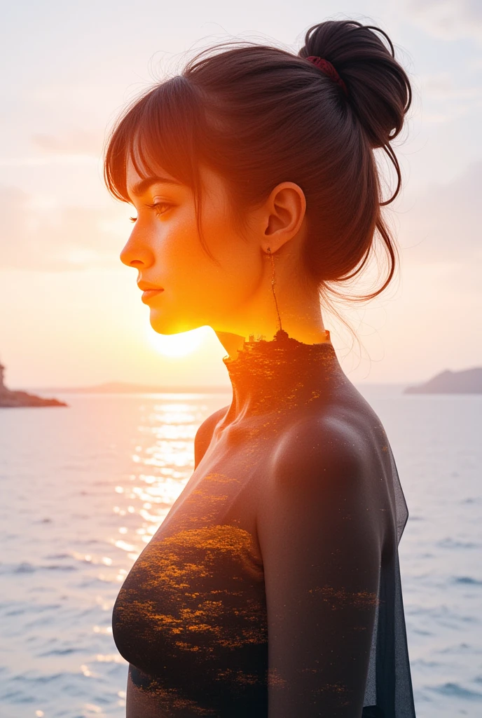 high quality,8k ultra high definition,美丽的Doubleexposure,Combining the silhouette of the goddess with the sunset coast, sunset coast should be used as the bottom background,Details are integrated into the silhouette of the goddess,Clear lines,The background is a monochromatic ,Focus sharp,Doubleexposure,Created by yukisakura,Gorgeous full color