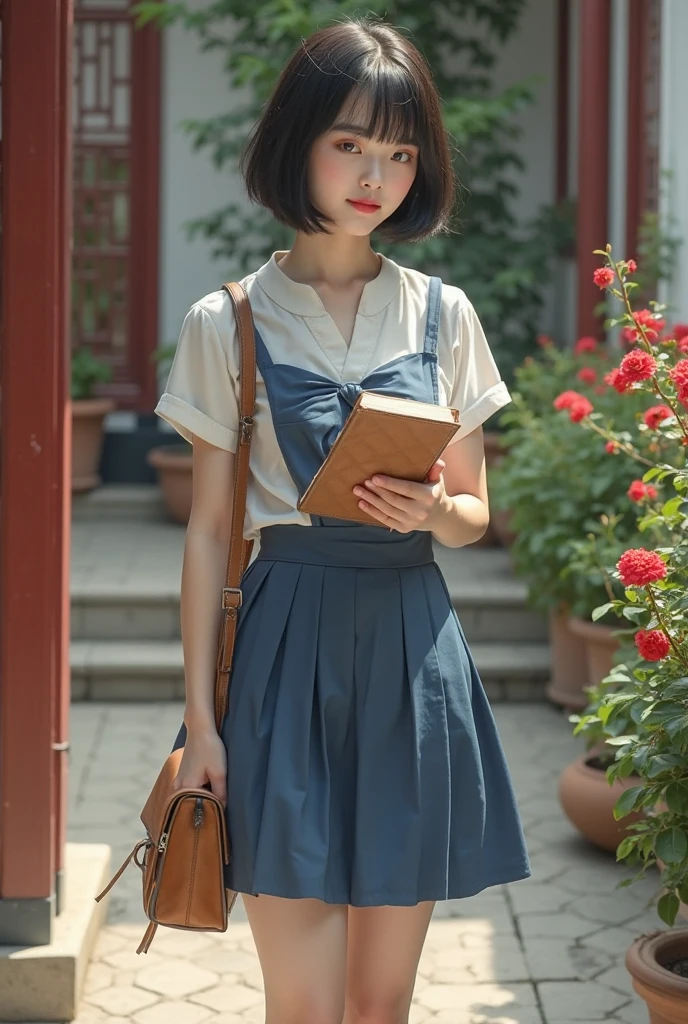The picture style is exquisite and realistic，focusing on color matching and lighting effects。The subject is a stylish female student，Short-haired black hair， fair skin ， pretty face，Wearing a blue-and-white school uniform，White top，Blue Skirt，Wear black cloth shoes。She is standing in a classical Chinese garden，In the courtyard，with red moonflowers blooming on the side，She is carrying a brown cloth bag，holds a yellowed wire-bound book in hand，Focused eyes，Seems to be thinking。The warm color of the picture，creates a retro、Literary and artistic atmosphere。In composition，character in the center of the picture，The surrounding garden elements add embellishment to the character，It highlights the character's temperament and background。Left hand position，tries to fix anomalies during adjustment。