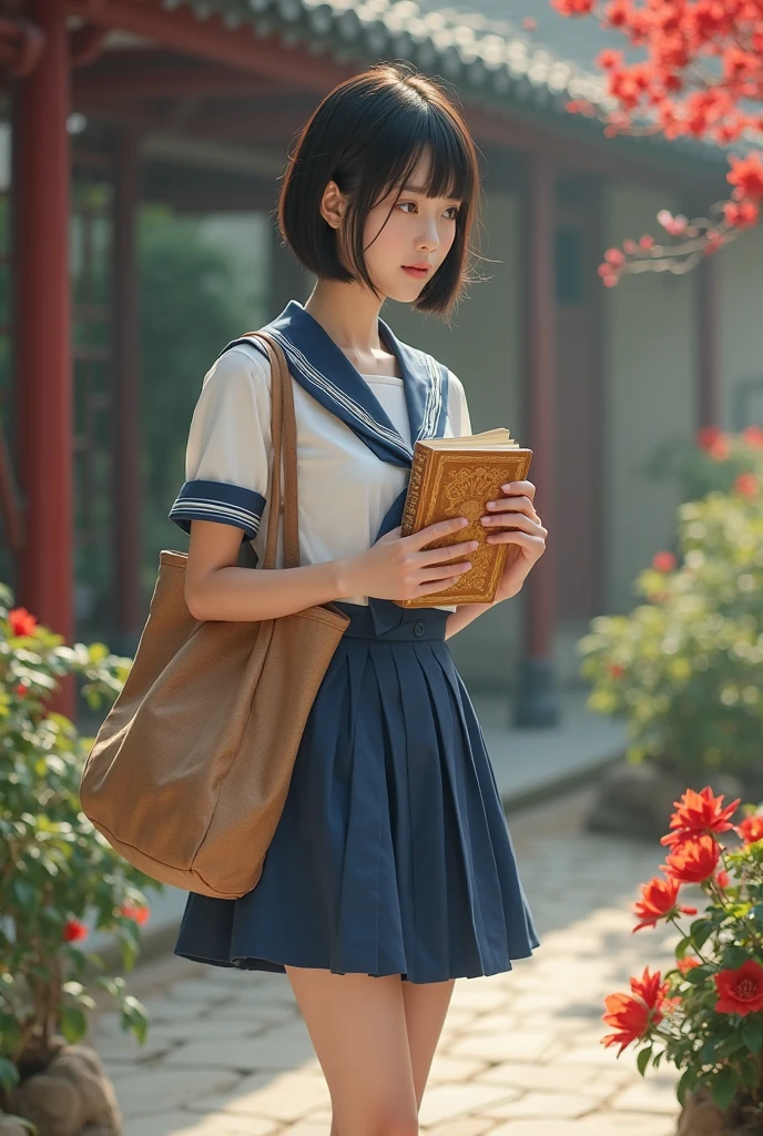 The picture style is exquisite and realistic，focusing on color matching and lighting effects。The subject is a stylish female student，Short-haired black hair， fair skin ， pretty face，Wearing a blue-and-white school uniform，White top，Blue Skirt，Wear black cloth shoes。She is standing in a classical Chinese garden，In the courtyard，with red moonflowers blooming on the side，She is carrying a brown cloth bag，holds a yellowed wire-bound book in hand，Focused eyes，Seems to be thinking。The warm color of the picture，creates a retro、Literary and artistic atmosphere。In composition，character in the center of the picture，The surrounding garden elements add embellishment to the character，It highlights the character's temperament and background。Left hand position，tries to fix anomalies during adjustment。
