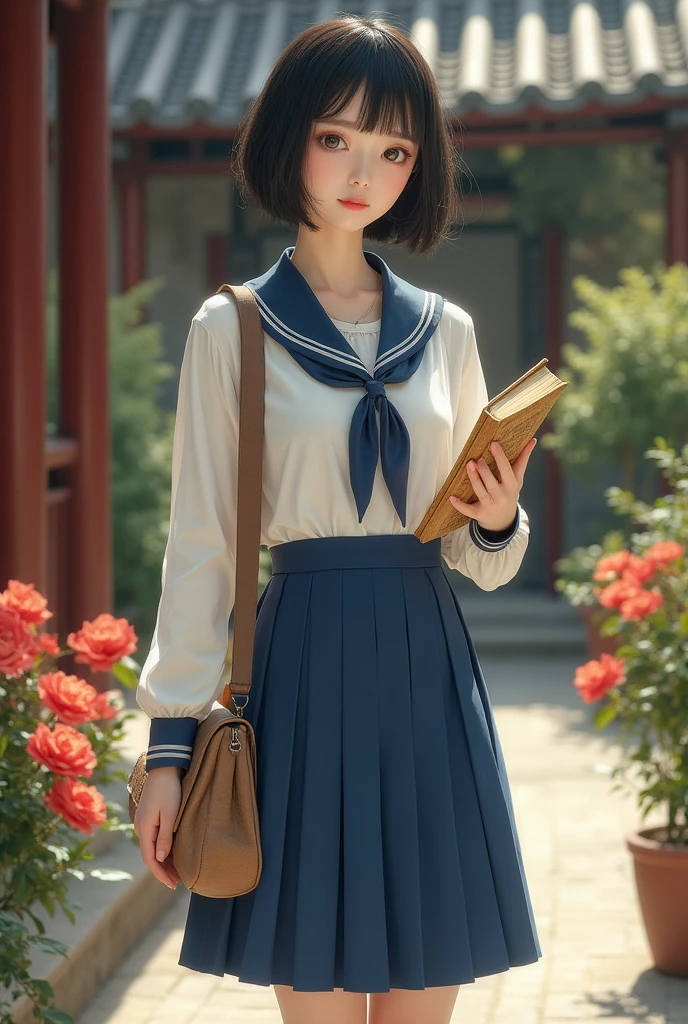 The picture style is exquisite and realistic,focusing on color matching and lighting effects。The subject is a stylish female student,Short-haired black hair, fair skin , pretty face,Wearing a blue-and-white school uniform,White top,Blue Skirt,Wear black cloth shoes。She is standing in a classical Chinese garden,In the courtyard,with red moonflowers blooming on the side,She is carrying a brown cloth bag,holds a yellowed wire-bound book in hand,Focused eyes,Seems to be thinking。The warm color of the picture,creates a retro、Literary and artistic atmosphere。In composition,character in the center of the picture,The surrounding garden elements add embellishment to the character,It highlights the character's temperament and background。Left hand position,tries to fix anomalies during adjustment。