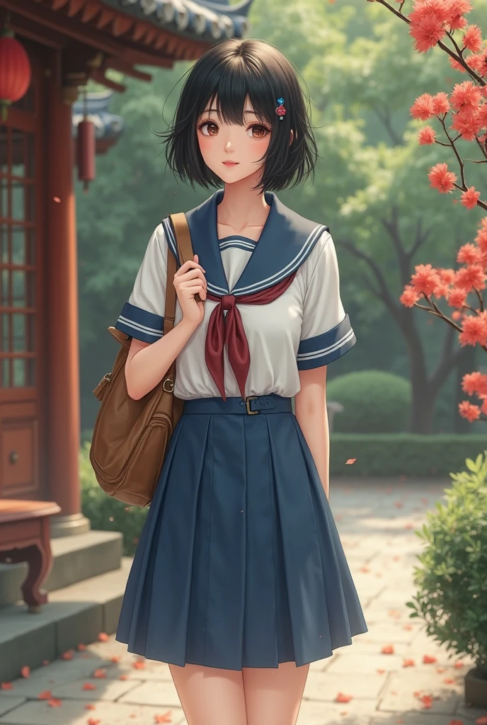 The picture style is exquisite and realistic，focusing on color matching and lighting effects。The subject is a stylish female student，Short-haired black hair， fair skin ， pretty face，Wearing a blue-and-white school uniform，White top，Blue Skirt，Wear black cloth shoes。She is standing in a classical Chinese garden，In the courtyard，with red moonflowers blooming on the side，She is carrying a brown cloth bag，holds a yellowed wire-bound book in hand，Focused eyes，Seems to be thinking。The warm color of the picture，creates a retro、Literary and artistic atmosphere。In composition，character in the center of the picture，The surrounding garden elements add embellishment to the character，It highlights the character's temperament and background。Left hand position，tries to fix anomalies during adjustment。