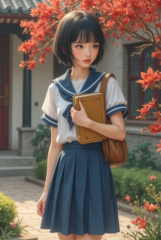 The picture style is exquisite and realistic，focusing on color matching and lighting effects。The subject is a stylish female student，Short-haired black hair， fair skin ， pretty face，Wearing a blue-and-white school uniform，White top，Blue Skirt，Wear black cloth shoes。She is standing in a classical Chinese garden，In the courtyard，with red moonflowers blooming on the side，She is carrying a brown cloth bag，holds a yellowed wire-bound book in hand，Focused eyes，Seems to be thinking。The warm color of the picture，creates a retro、Literary and artistic atmosphere。In composition，character in the center of the picture，The surrounding garden elements add embellishment to the character，It highlights the character's temperament and background。Left hand position，tries to fix malies during adjustment。