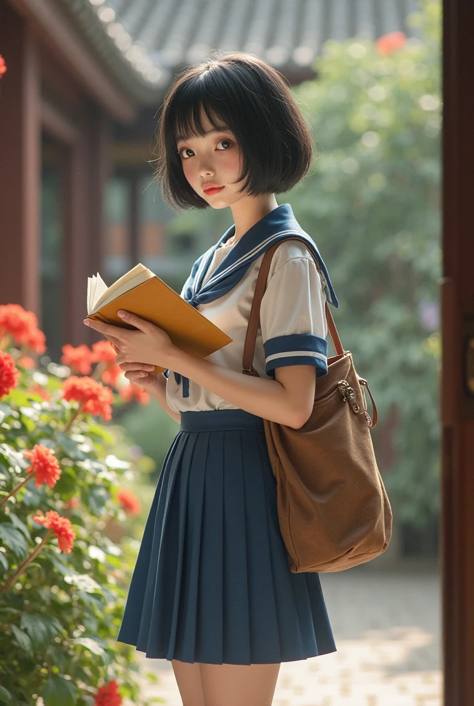 The picture style is exquisite and realistic，focusing on color matching and lighting effects。The subject is a stylish female student，Short-haired black hair， fair skin ， pretty face，Wearing a blue-and-white school uniform，White top，Blue Skirt，Wear black cloth shoes。She is standing in a classical Chinese garden，In the courtyard，with red moonflowers blooming on the side，She is carrying a brown cloth bag，holds a yellowed wire-bound book in hand，Focused eyes，Seems to be thinking。The warm color of the picture，creates a retro、Literary and artistic atmosphere。In composition，character in the center of the picture，The surrounding garden elements add embellishment to the character，It highlights the character's temperament and background。Left hand position，tries to fix anomalies during adjustment。